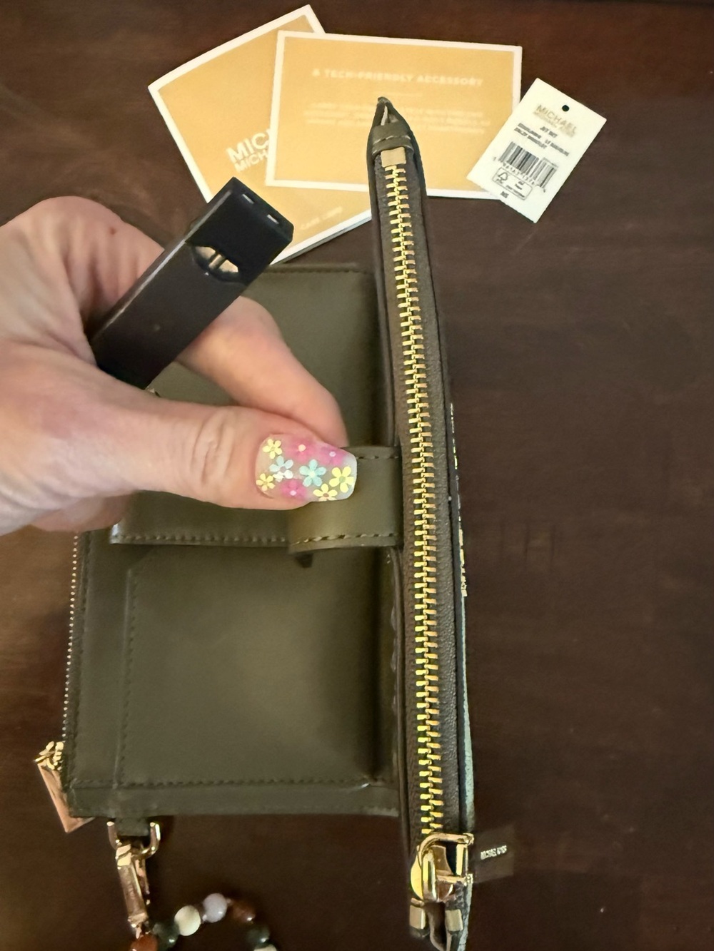 Michael Kors Two-Tone MK Logo Zip Wristlet - Olive & Dark Olive - Picture 5 of 11